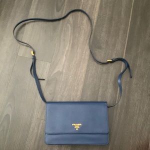 Prada blue clutch wallet on chain with removable strap